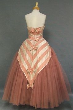 Vintage Ball Gown With Fitted Bodice For Costume, Vintage Costume Dress With Boned Bodice, Vintage Pink Costume Dresses, Vintage Circus Dress, Striped Ball Gown, Vintage Pink Tulle, 1950s Ball Gown, Harlequin Pattern Dress, Vintage Pink Tulle Skirt