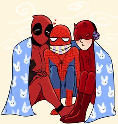 spider - man and deadpool are sitting on a bed with their faces covered by blankets