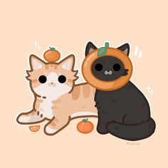 an orange and black cat sitting next to a black cat with a pumpkin on its head