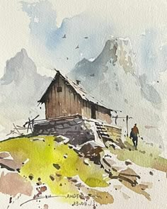 a watercolor painting of a cabin on top of a mountain