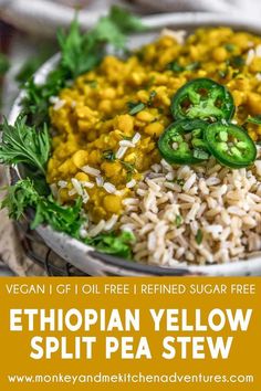 an image of ethiopian yellow split pea stew in a bowl with rice and green peppers