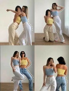 four pictures of two women in different outfits and one has her arms around the other