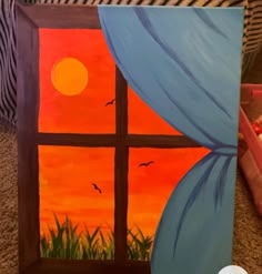 a painting of a window with the sun going down and birds flying in the sky