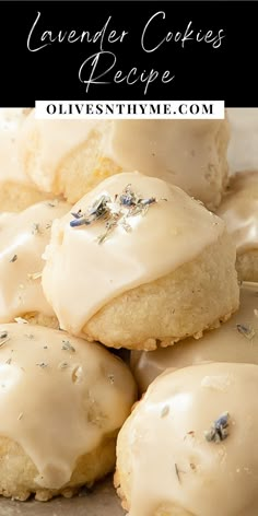 lavender cookies with icing on top are sitting on a plate and the title reads, lavender cookies recipe