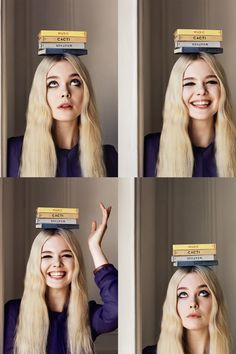 four pictures of a woman with books on top of her head, smiling and waving