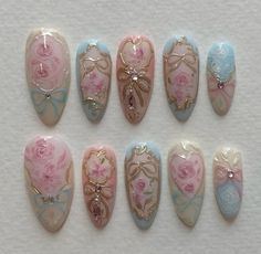 Asian Inspired Nails, Diy Nail Charms, Victorian Nails Designs, Nail Art Designs Blue, Shabby Chic Nails, Korean Nail Designs, A Very Hungry Caterpillar, Blue Christmas Nails