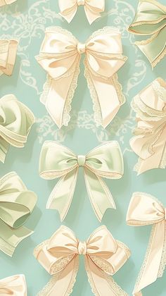 an image of many bows and ribbons on a blue background with white lace around them