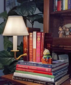 a lamp sitting on top of a stack of books next to a pile of books