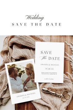 wedding save the date cards with an image of two people holding wine glasses and a pair of gold scissors