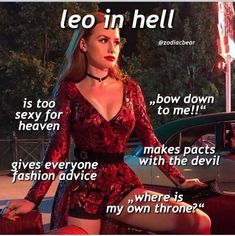 a woman sitting on top of a car in front of a sign that says leo in hell