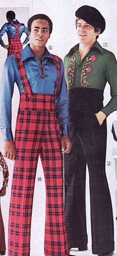 two men in plaid overalls are standing next to each other