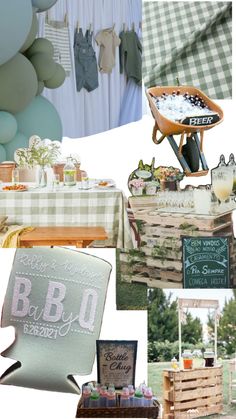 a collage of baby shower items including balloons, table cloths, and signs