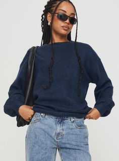 Ryanna Sweater Navy Rib Knit Top, Off Shoulder Top, Oversized Style, Boat Neckline, Good Stretches, Off Shoulder Tops, Split Hem, Princess Polly, Trend Setter