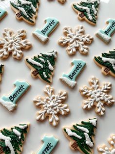 christmas cookies decorated with royal icing and snowflakes are displayed on a table