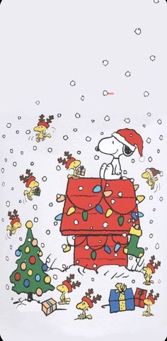 a charlie brown christmas card with snoop on top of a box and presents in the snow