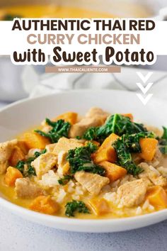 a white bowl filled with curry chicken and sweet potato soup on top of a table