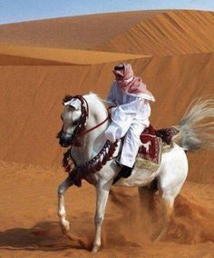 a man riding on the back of a white horse in the desert with sand dunes behind him