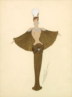 a drawing of a woman in an evening dress with feathers on her head and shoulders