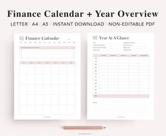 a printable financial calendar with the text finance calendar year over view, and a pencil next to it