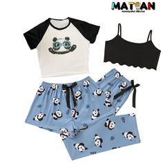 Featuring a cute panda face with glasses, this fou pieces set adds a touch of fun to your sleepwear collection. - This set include 4 pieces, 2 tops, 1 pants and 1 short.  - Made with soft and breathable fabric, this pajama set is perfect for a good night's sleep or lounging around the house. -The short sleeve tee t-shirt, 1/2 tank top, pants and shorts design makes it easy to move around in and perfect for warmer weather. -Available in standard size, this pajama set is designed to fit and flatter your curves. -Composition: 95% Polyester,5% Elastane Casual Cartoon Print Sleep Sets, Casual Cartoon Print Sleepwear Sets, Casual Sleepwear Sets With Cartoon Print, Black Cartoon Print Sleepwear For Pajama Party, Black Cartoon Print Sleepwear, Black Cartoon Print Sleepwear For Sleepover, Casual Black Sleepwear With Cartoon Print, Casual Black Bedtime Set, Cute Black Loungewear Sets