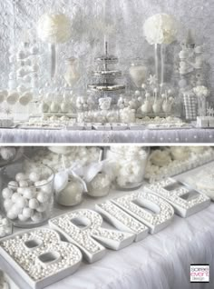 the table is decorated with white decorations