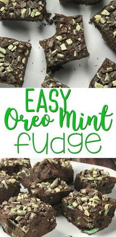 easy oreo mint fudge brownies on a white plate with green text overlay