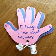 a pink and blue hand with the words 5 things i have about mommy on it