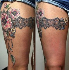 the legs are covered with tattoos and flowers