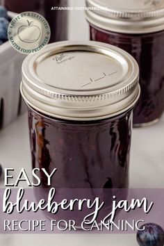 mason jar with silver lid and purple contents Easy Blueberry Jam, Fruit Jelly Recipe, Homemade Blueberry Jam, Attainable Sustainable, Blueberry Jelly, Blueberry Jam Recipe, Canning Jar Labels