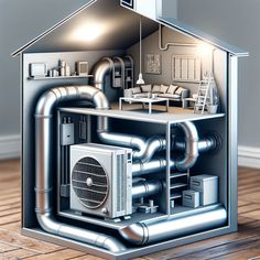 an air conditioner in the shape of a house with pipes coming out of it