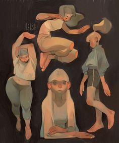 an image of some people doing different things in the same painting style as they are standing and sitting