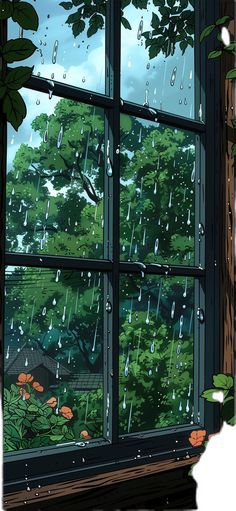 an open window with rain falling from it