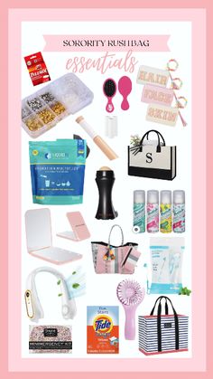 an assortment of items that are being displayed on a pink and white background with the words,