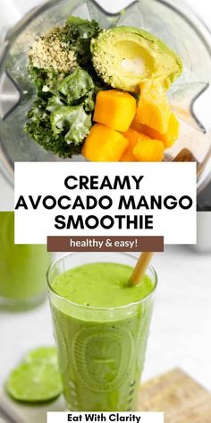 creamy avocado mango smoothie in a blender with the text overlay