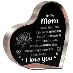 a heart shaped tin with the words to my mom on it and an image of a rose