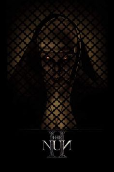 the nun movie poster with an evil looking person behind a chain link fence, holding a tennis racquet