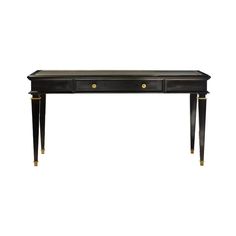 a black console table with two drawers on one side and gold accents on the other