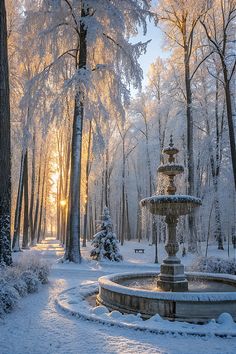 a fountain surrounded by snow covered trees in the middle of a park at sunset or dawn