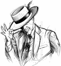 a black and white drawing of a man in a suit with a hat on his head