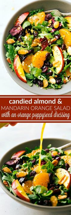 a salad with oranges, apples and spinach is being drizzled with dressing