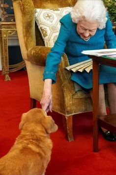 an old woman sitting in a chair with a dog on the floor next to her