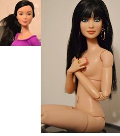 two pictures of a doll with black hair and blue eyes, one is holding a hot dog