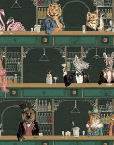 a wallpaper with animals and people at a bar in front of shelves filled with liquor bottles