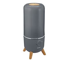 an image of a grey and wooden speaker