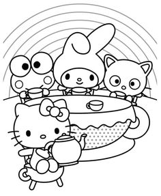 the hello kitty coloring page is shown in black and white, with an image of three cats