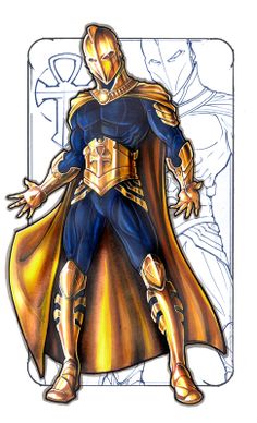 a drawing of a man dressed in gold and blue