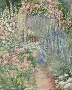 a painting of a garden with flowers and a path leading to a house in the background