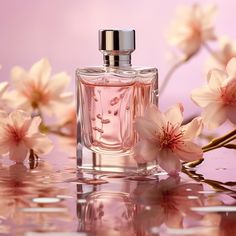 a bottle of perfume sitting on top of a table next to flowers