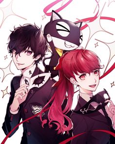 two anime characters standing next to each other with red hair and black cats on their heads