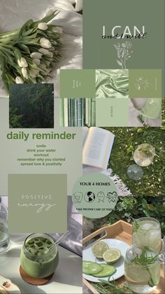 a collage of green and white items including flowers, candles, books, and other things